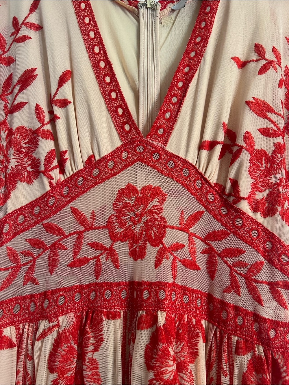 Red Floral Embroidered V-Neck Women's Dress - Picture 3 of 4